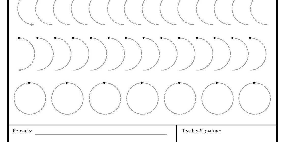 A worksheet with three rows of dashed lines for tracing practice: the top row shows incomplete curves with arrows, the middle row shows more complete curves with starting dots, and the botto