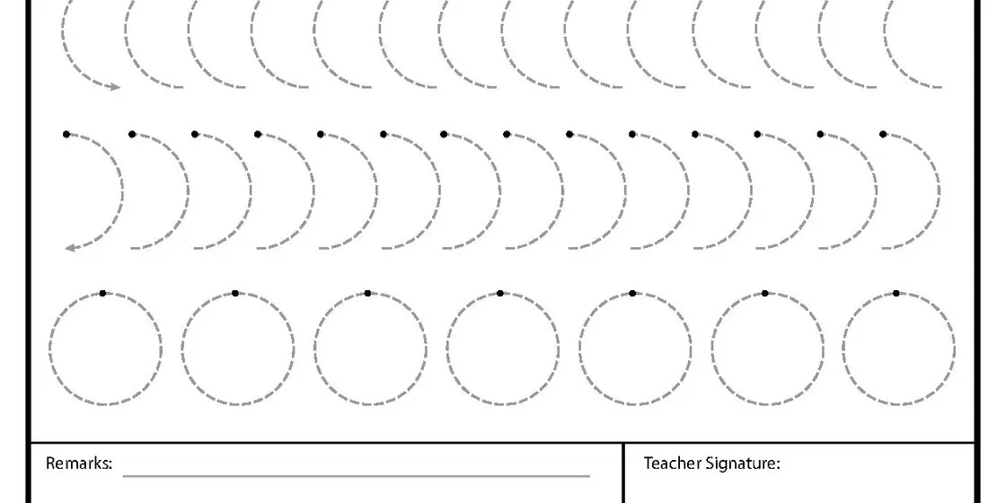 Tracing Practice Worksheet A worksheet with three rows of dashed lines for tracing practice: the top row shows incomplete curves with arrows, the middle row shows more complete curves with starting dots, and the botto