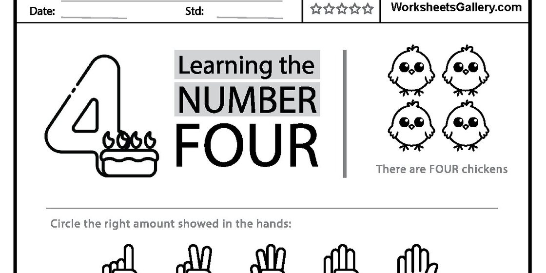 Worksheet page for learning the number four, featuring a large number 4 with a cake and candles, four chicks, and hand icons for counting.