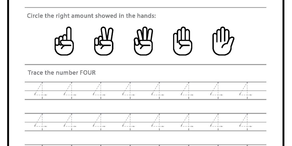 A worksheet with two sections. The top section shows five hand icons representing numbers 1 through 5, with the instruction 'Circle the right amount showed in the hands:'. The bottom section