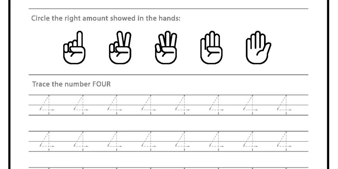Number Recognition and Tracing Worksheet A worksheet with two sections. The top section shows five hand icons representing numbers 1 through 5, with the instruction 'Circle the right amount showed in the hands:'. The bottom section