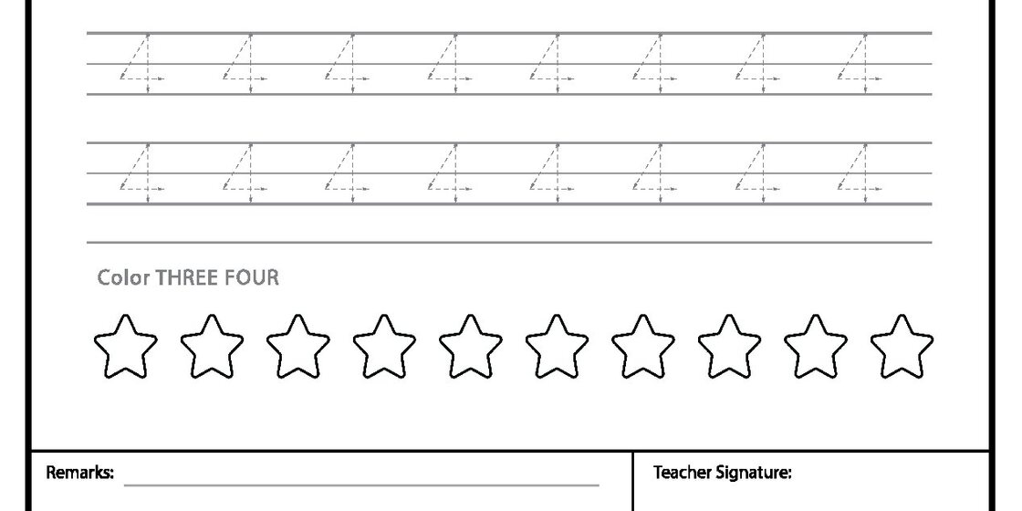 A worksheet for practicing the number four, featuring rows of dotted number fours to trace and a row of stars to color.