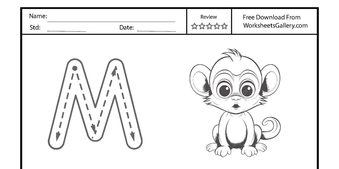 An educational worksheet for tracing the uppercase letter M, featuring a large guide letter with directional arrows and a cute cartoon monkey. close-up