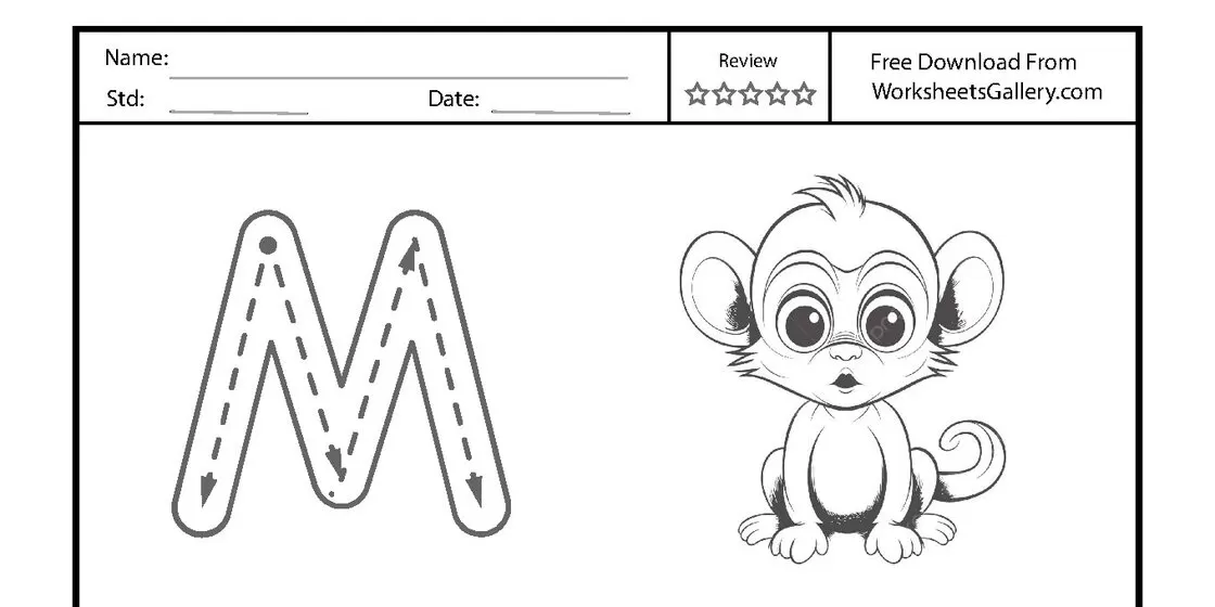 An educational worksheet for tracing the uppercase letter M, featuring a large guide letter with directional arrows and a cute cartoon monkey. close-up