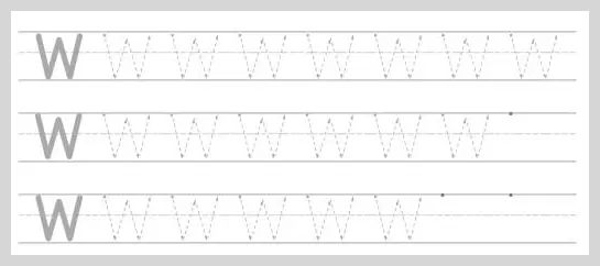 A close-up view of a handwriting worksheet featuring three horizontal rows for practicing the uppercase letter W. Each row begins with a solid black guide letter followed by several dotted l