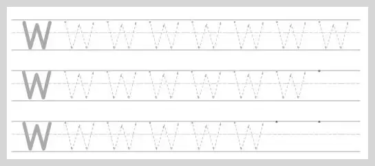 A close-up view of a handwriting worksheet featuring three horizontal rows for practicing the uppercase letter W. Each row begins with a solid black guide letter followed by several dotted l