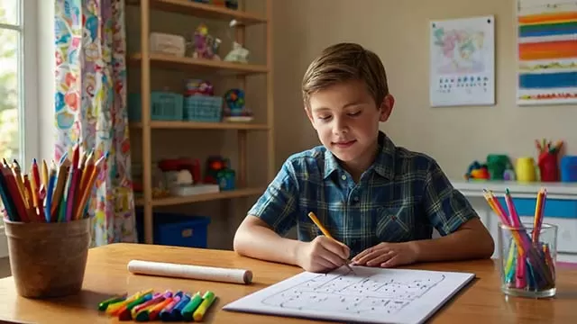 A young boy with light brown hair, wearing a blue plaid shirt, sits at a wooden desk and focuses on drawing or writing on a worksheet with a yellow pencil. Colorful art supplies like crayons