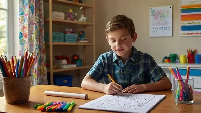 A young boy with light brown hair, wearing a blue plaid shirt, sits at a wooden desk and focuses on drawing or writing on a worksheet with a yellow pencil. Colorful art supplies like crayons