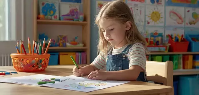 A young girl with blonde hair, wearing denim overalls over a striped shirt, is focused on drawing with a green pencil on a sheet of paper at a wooden desk in a classroom.
