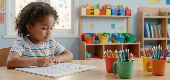 A young girl with curly dark hair, wearing a striped t-shirt, is sitting at a wooden desk and drawing on a white sheet of paper with a yellow pencil. She is in a bright classroom with shelve