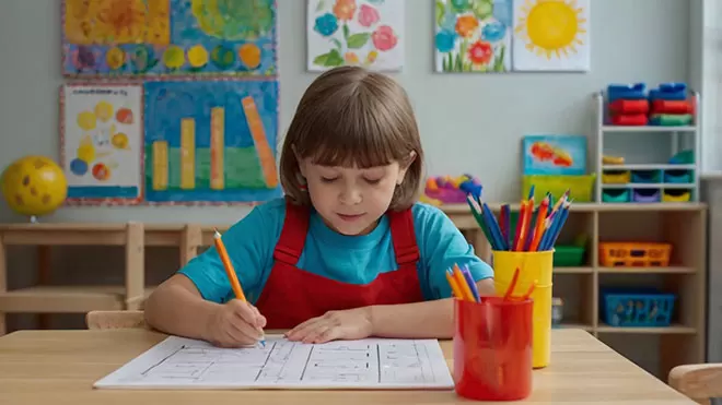 A young girl with brown hair and bangs, wearing a blue shirt and red apron, is focused on writing with a yellow pencil on a worksheet at a wooden desk in a classroom.