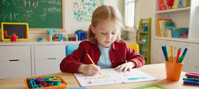 A young girl with blonde hair in a red jacket is focused on drawing and writing in a notebook at a wooden desk in a classroom setting. A cup of colorful markers and a box of crayons are on t