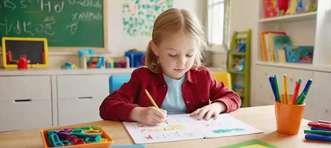 A young girl with blonde hair in a red jacket is focused on drawing and writing in a notebook at a wooden desk in a classroom setting. A cup of colorful markers and a box of crayons are on t
