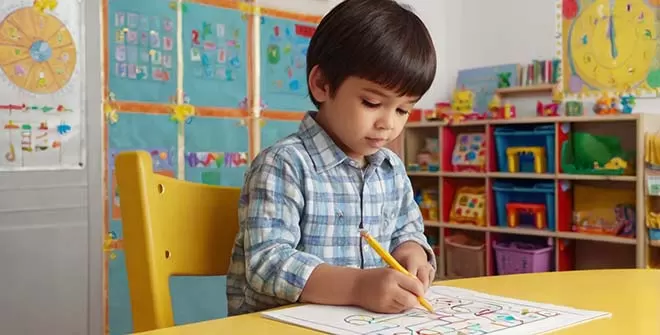 A young boy sits at a yellow table in a classroom, diligently tracing a maze on a worksheet with a yellow pencil.
