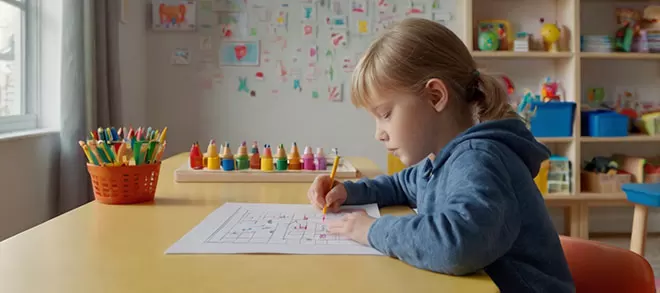 A young girl with blonde hair in a ponytail, wearing a blue hoodie, intently colors a worksheet with a yellow pencil at a bright yellow table. A basket of colored pencils and a set of crayon