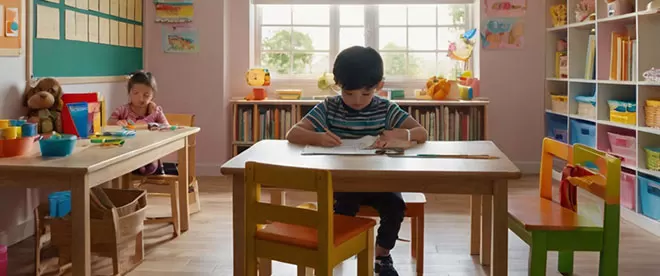 A boy and a girl sit at separate desks in a colorful classroom, both engaged in writing or drawing activities.