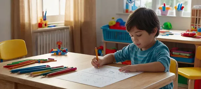 A young boy with dark hair wearing a blue striped shirt sits at a wooden table, drawing on a sheet of paper with a yellow pencil. Colored pencils are scattered on the table in front of him.