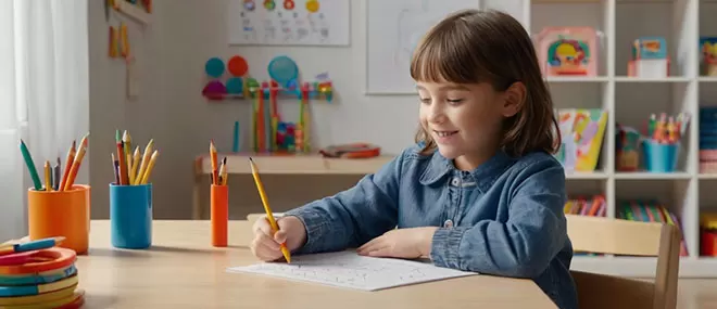 A young girl with brown hair, wearing a denim shirt, smiles as she draws with a yellow pencil on a worksheet at a wooden table. Several cups filled with colored pencils are visible on the ta