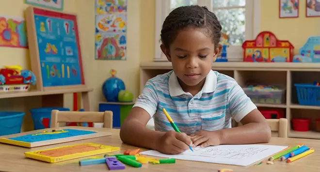 A young boy with braided hair, wearing a striped polo shirt, sits at a wooden table in a classroom, intently coloring a worksheet with a blue and green crayon.