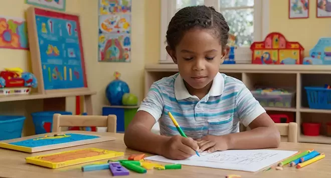 A young boy with braided hair, wearing a striped polo shirt, sits at a wooden table in a classroom, intently coloring a worksheet with a blue and green crayon.