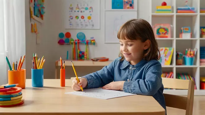 A young girl with brown hair, wearing a denim shirt, smiles as she draws with a yellow pencil on a worksheet at a wooden table. Several cups filled with colored pencils are visible on the ta
