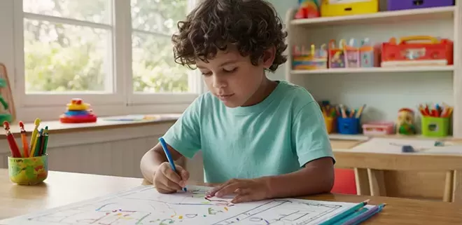 A dark-haired boy in a light teal t-shirt sits at a wooden table, holding a blue pencil and focusing on a colorful line-drawing worksheet.