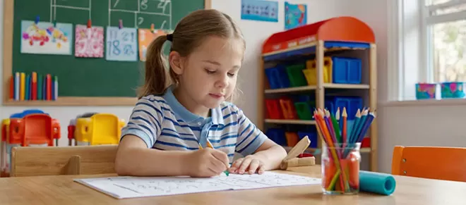 A elementary student with her hair in a ponytail sits at a light wood desk, leaning over a paper to practice her letters with a green writing utensil, while a jar of colorful pencils and a g