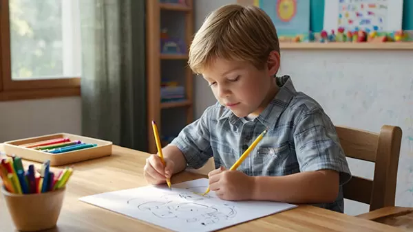 A young blond boy in a blue plaid shirt sits at a wooden table, simultaneously using a yellow pencil in each hand to draw on a single piece of white paper.