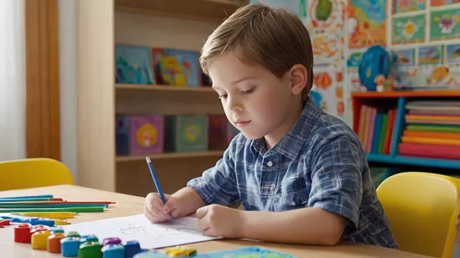 A young boy with light brown hair, wearing a blue plaid shirt, sits at a wooden desk in a classroom and intently draws on a piece of paper with a blue pencil. Colorful art supplies are laid