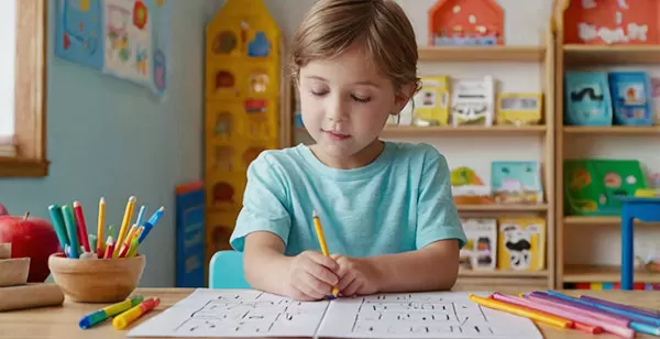 A young boy with blonde hair, wearing a light blue t-shirt, sits at a wooden table and concentrates on tracing a worksheet with a yellow pencil. A wooden bowl filled with colorful pens and p