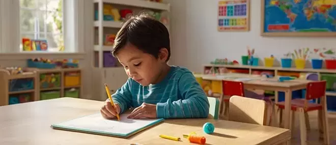 A young boy with dark hair wearing a blue long-sleeved shirt is focused on drawing on a piece of paper with a yellow pencil. He is sitting at a wooden table in a brightly lit classroom with