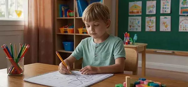 A young blonde boy in a sage green shirt sits at a wooden table in a bright classroom, concentrating while drawing with a yellow pencil on a white notepad. A jar of colorful pencils and a gr