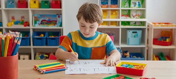 A young boy with light brown hair, wearing a yellow and blue striped shirt, sits at a wooden table in a brightly lit classroom, intently tracing letters on a white worksheet with a yellow pe