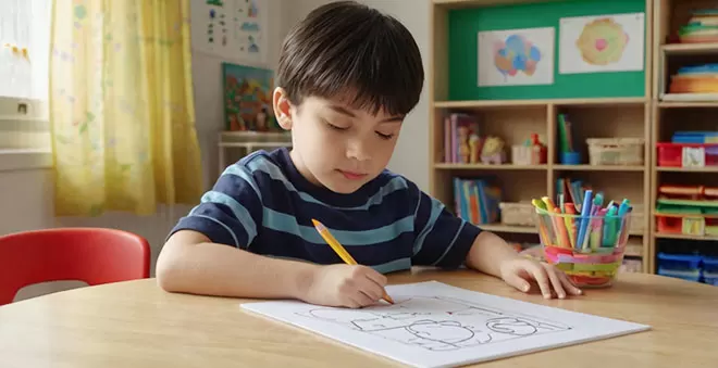 A young boy with dark hair, wearing a blue and light blue striped shirt, sits at a wooden desk, intently drawing on a white paper with a yellow pencil. A cup of colorful markers is visible t