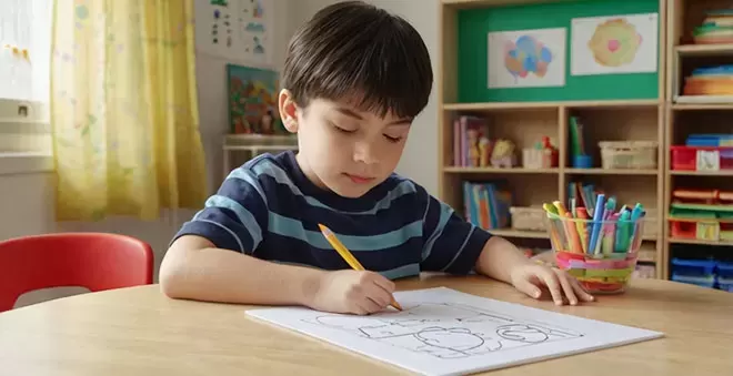 A young boy with dark hair, wearing a blue and light blue striped shirt, sits at a wooden desk, intently drawing on a white paper with a yellow pencil. A cup of colorful markers is visible t