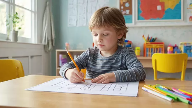 A young boy with blonde hair, wearing a grey striped shirt, intently draws on a maze worksheet with a yellow pencil at a wooden desk in a classroom.