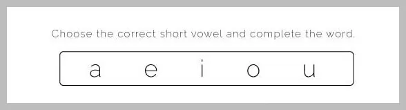 A worksheet with the instruction 'Choose the correct short vowel and complete the word.' above a box containing the letters a, e, i, o, u.