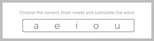 A worksheet with the instruction 'Choose the correct short vowel and complete the word.' above a box containing the letters a, e, i, o, u.