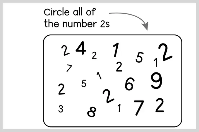A printable worksheet displaying a variety of handwritten numbers 1 through 9 scattered inside a rounded box, with an instruction at the top to circle all of the number 2s.