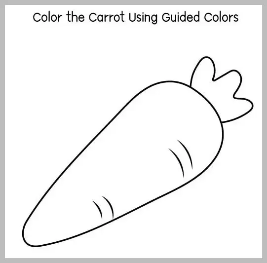 A simple black and white outline drawing of a carrot with a leafy top, intended for coloring.