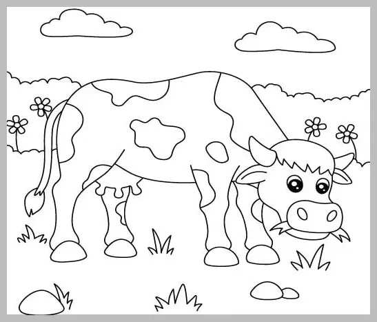 Printable worksheet image showing color-the-cow-farm-animal-coloring-worksheet-printable
