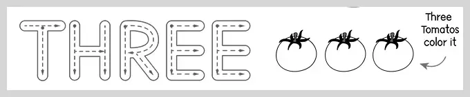 An educational printable featuring the word THREE in large block letters with dashed lines and directional arrows for tracing, alongside three uncolored tomato line drawings.