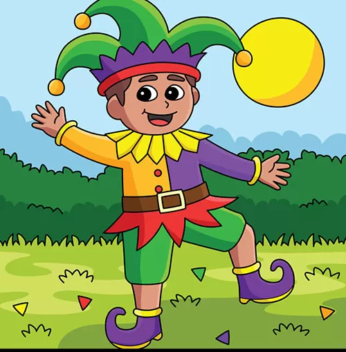 A cartoon jester with a purple and green hat, a split yellow and purple tunic, green pants, and purple shoes, stands in a grassy field with a yellow ball in the sky.