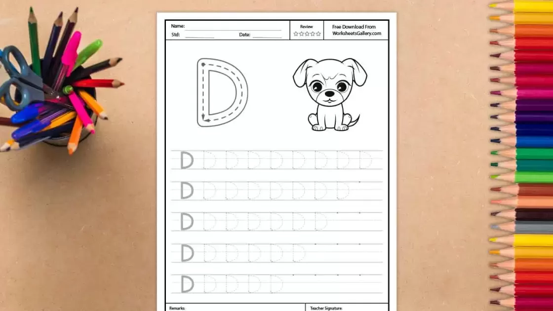 A printable worksheet for tracing the uppercase letter D, featuring a large outlined D with dotted lines and directional arrows, accompanied by a cute cartoon puppy illustration.