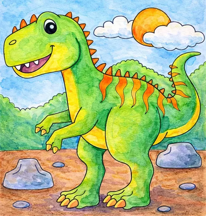 Printable worksheet image showing dinosaur-coloring-page-watercolors-finished-art