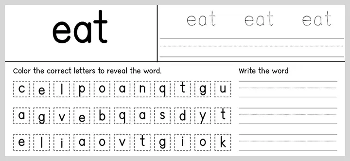 Worksheet for practicing the word 'eat', with sections for tracing, coloring letters, and writing the word.