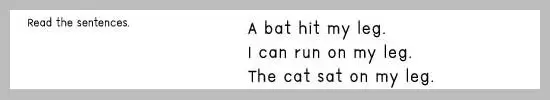 A worksheet with the instruction 'Read the sentences.' on the left and three sentences on the right: 'A bat hit my leg.', 'I can run on my leg.', and 'The cat sat on my leg.'