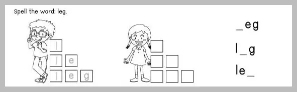 A black and white worksheet with the instruction 'Spell the word: leg.' Two children are shown next to letter-filling boxes. To the right are incomplete words for practice.