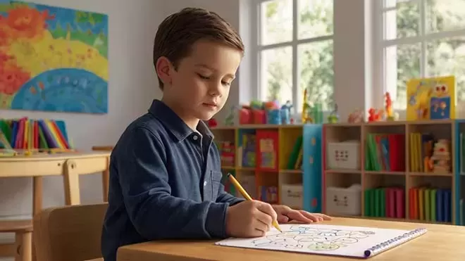 A young boy with brown hair wearing a blue collared shirt is sitting at a wooden table, coloring a picture on a white sheet of paper with a yellow pencil. He is focused on his drawing. The b