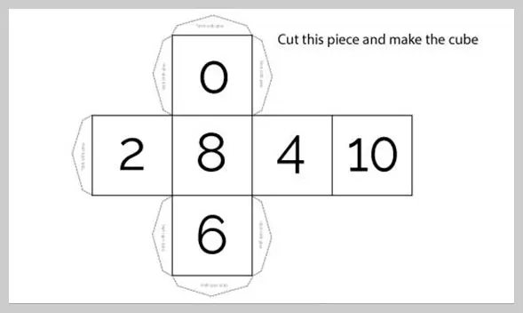 A flat net of a cube with numbers 0, 2, 8, 4, 10, and 6 on its faces, with instructions to cut and assemble.